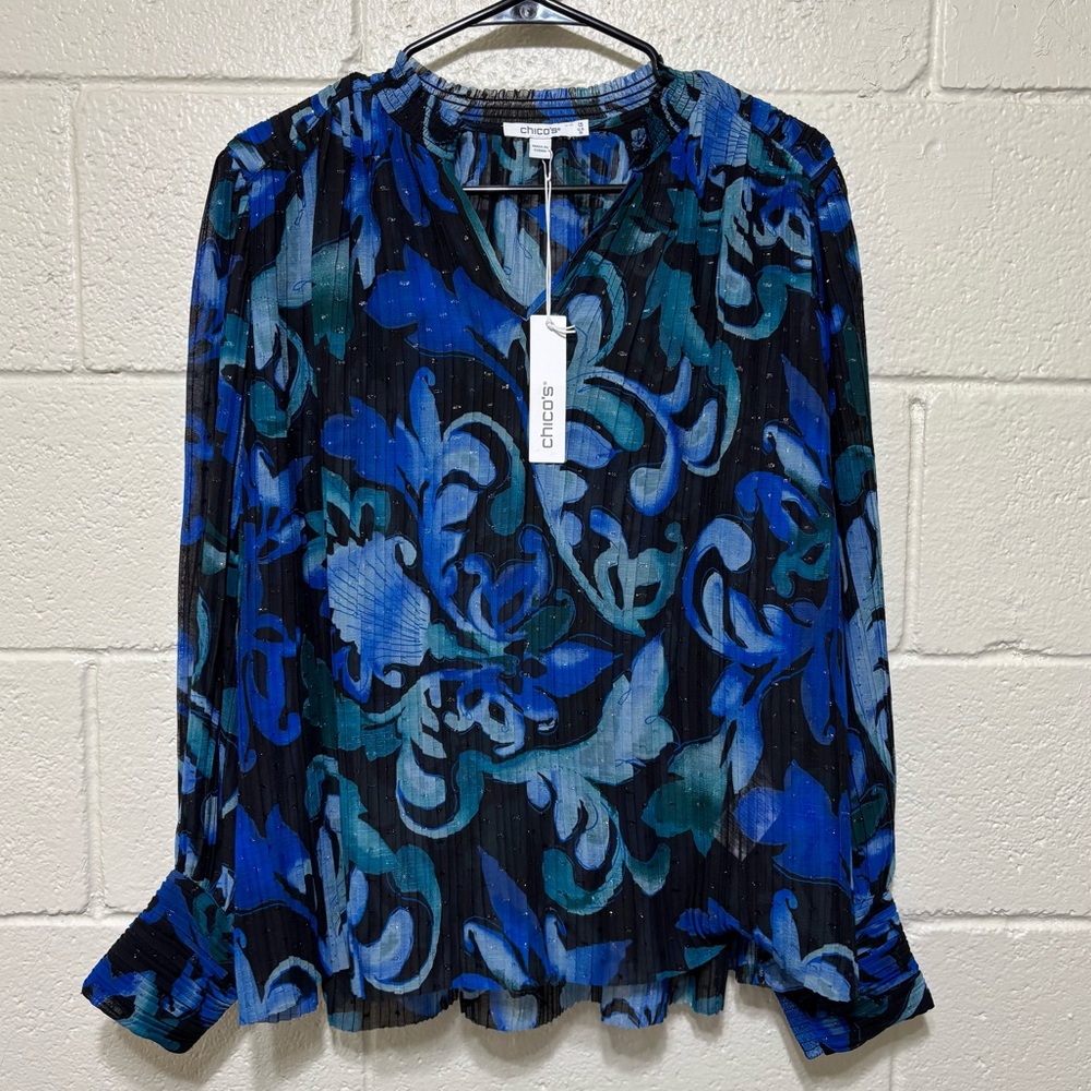 Chico’s Shirt Women 10 Blue Green Scroll Express Woven Pleated Sheer Split Neck